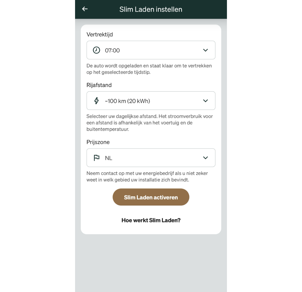 Dit scherm in de Zaptec app laat de vertrektijd, rijafstand (in kWh) en prijszone instellen, zo word je auto voor het voordeligste tarief geladen.